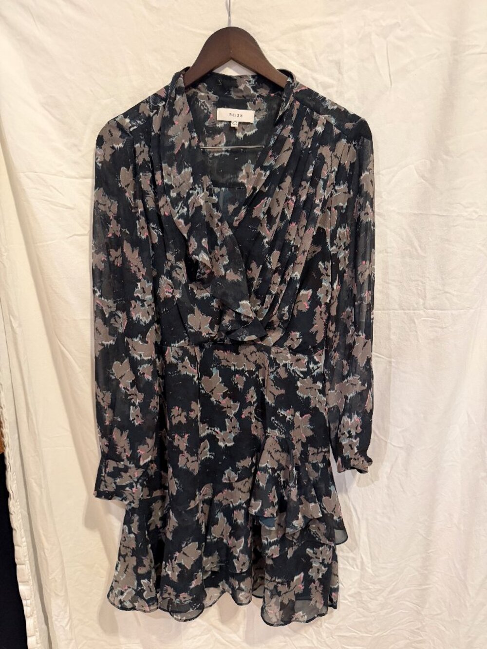 REISS Marseille Ruffle Printed Chiffon Mini Dress | Navy Multi | US 4
